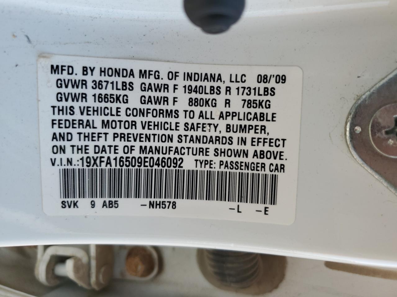 2009 Honda Civic VIN 19XFA16509E046092 Copart auction photo, front end damage thumbnail 12