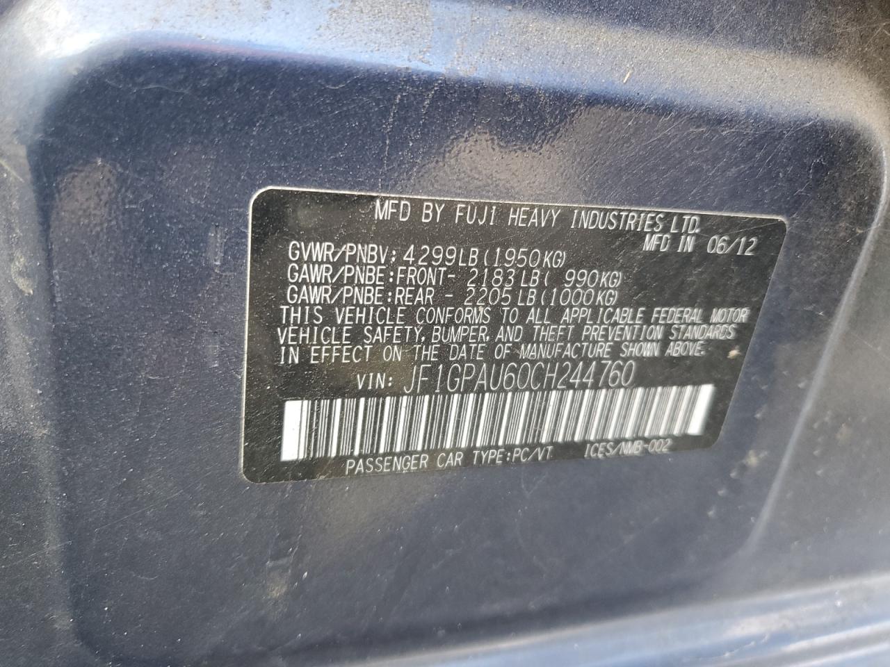 2012 Subaru Impreza VIN JF1GPAU60CH244760 Copart auction photo, front end damage thumbnail 15