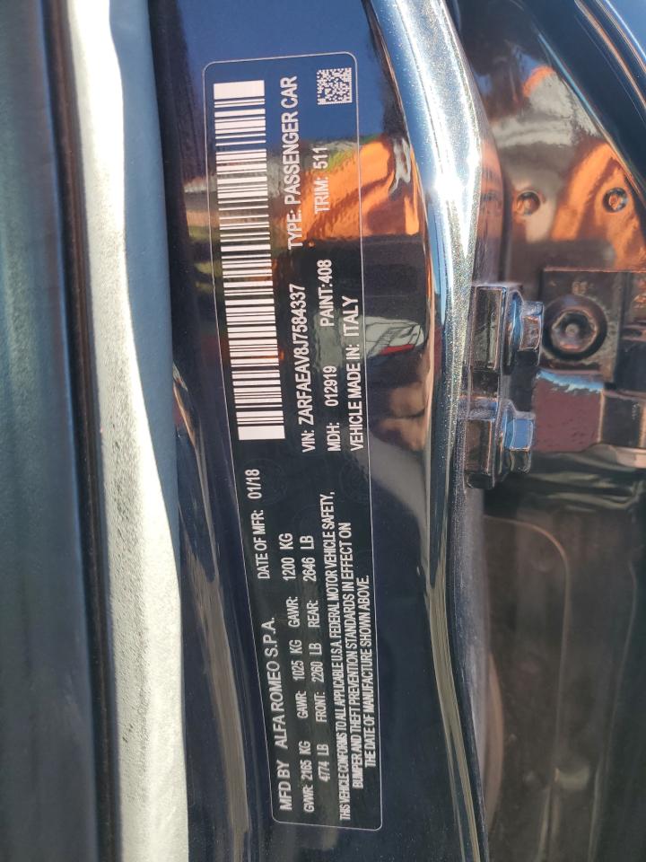 2018 Alfa Romeo Giulia VIN ZARFAEAV8J7584337 Copart auction photo, front end damage thumbnail 12