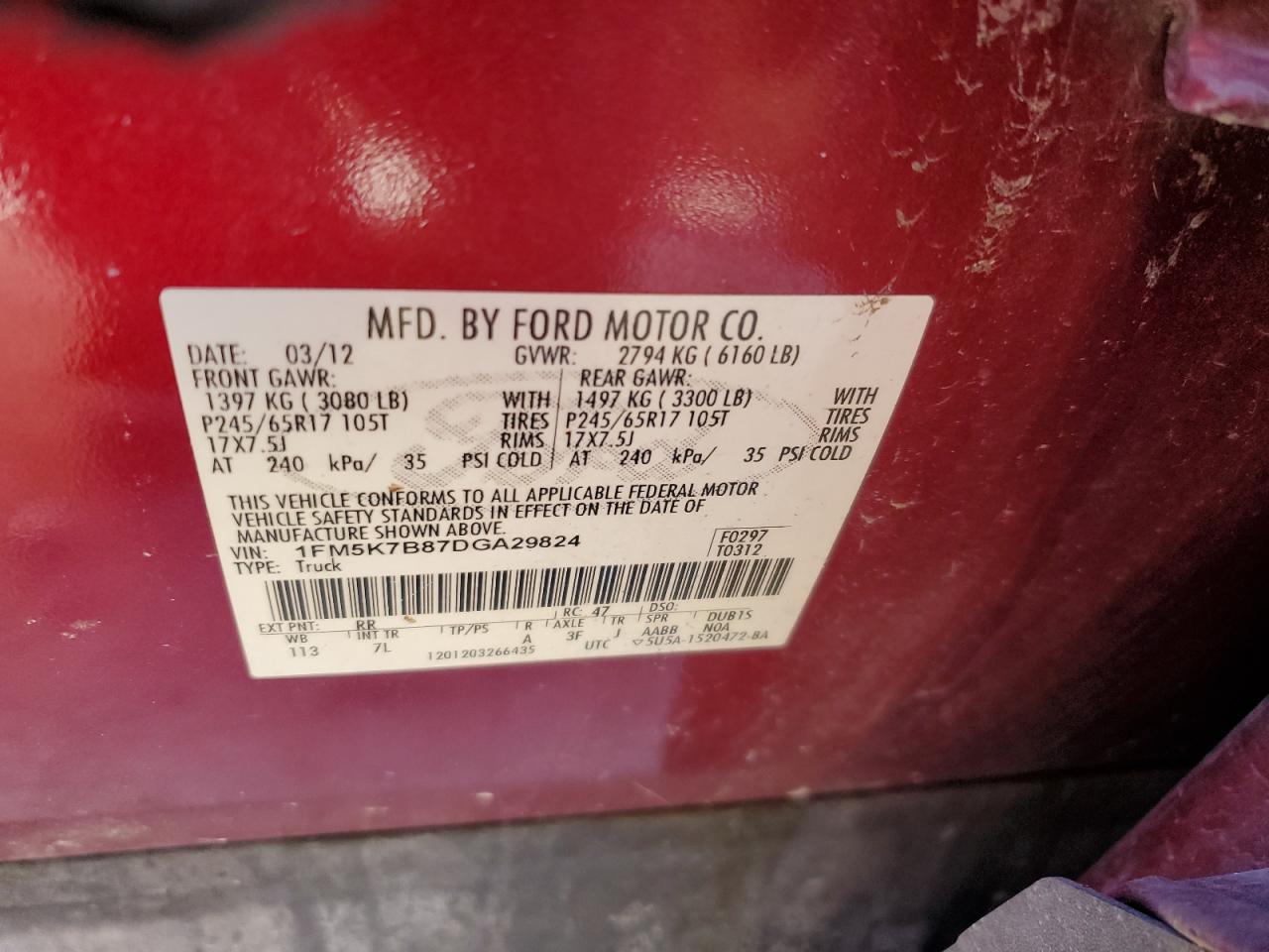 2013 Ford Explorer VIN 1FM5K7B87DGA29824 Copart auction photo, front end / undercarriage damage thumbnail 13