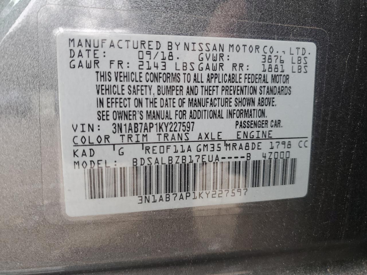 2019 Nissan Sentra VIN 3N1AB7AP1KY227597 Copart auction photo, front end / minor dent/scratches damage thumbnail 13