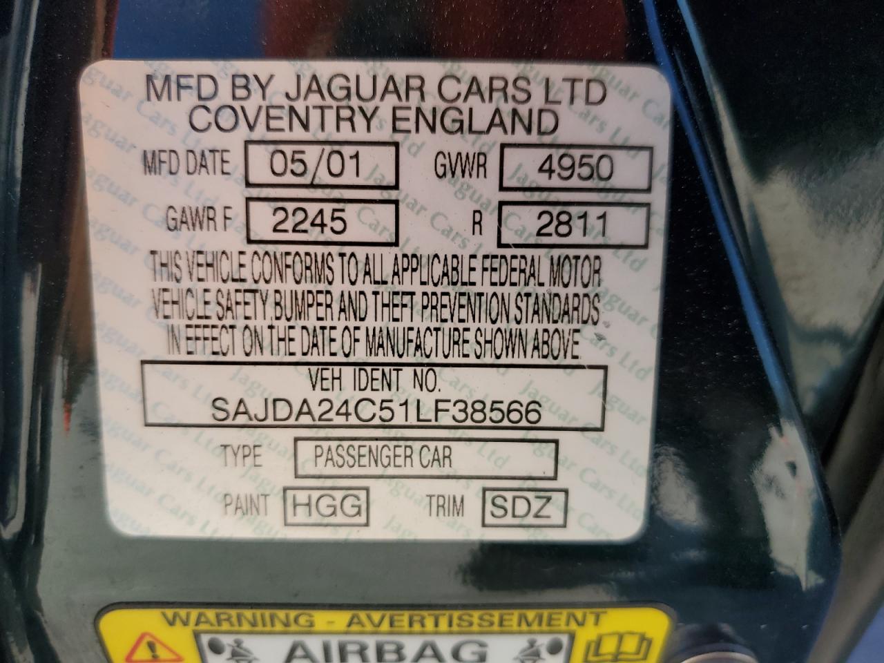 2001 Jaguar XJ VIN SAJDA24C51LF38566 Copart auction photo, front end damage thumbnail 12