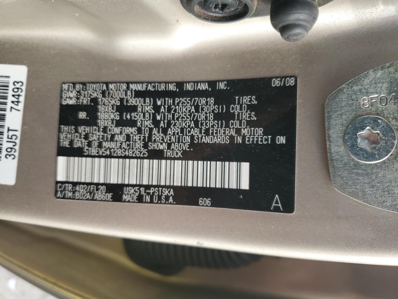2008 Toyota Tundra VIN 5TBEV54128S482625 Copart auction photo, rear end damage thumbnail 13
