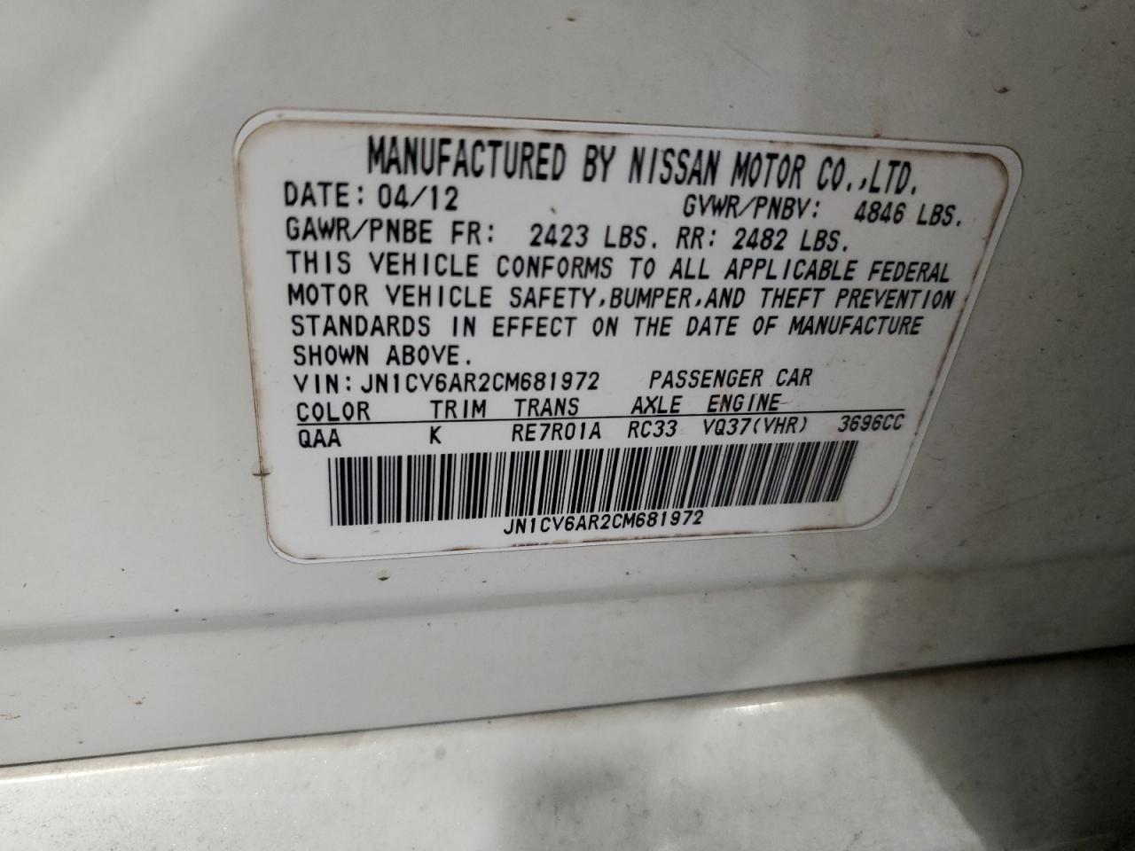 2012 Infiniti G VIN JN1CV6AR2CM681972 Copart auction photo, front end damage thumbnail 15
