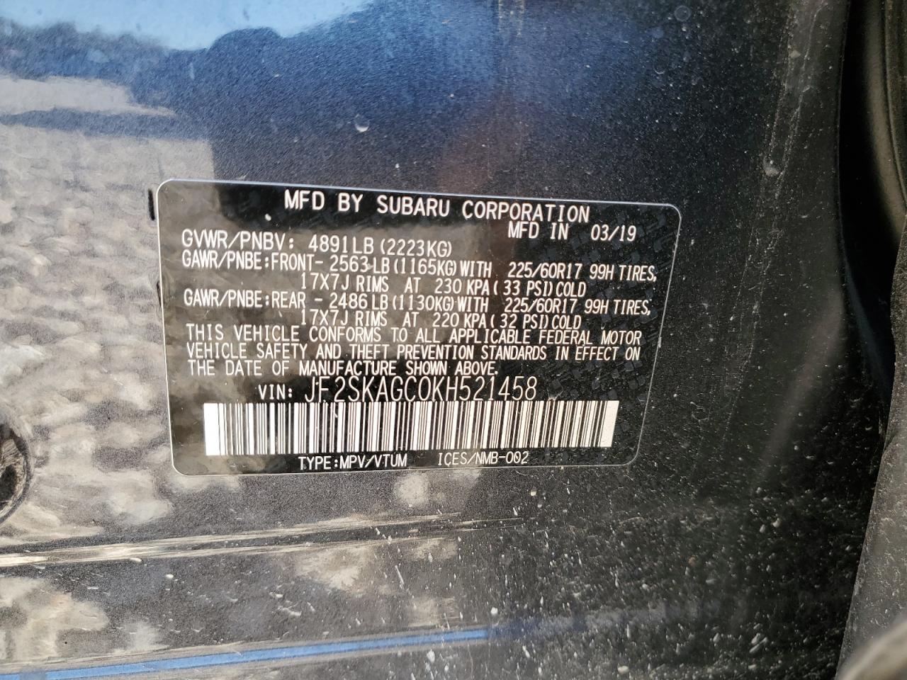 2019 Subaru Forester VIN JF2SKAGC0KH521458 Copart auction photo, front end / side damage thumbnail 15