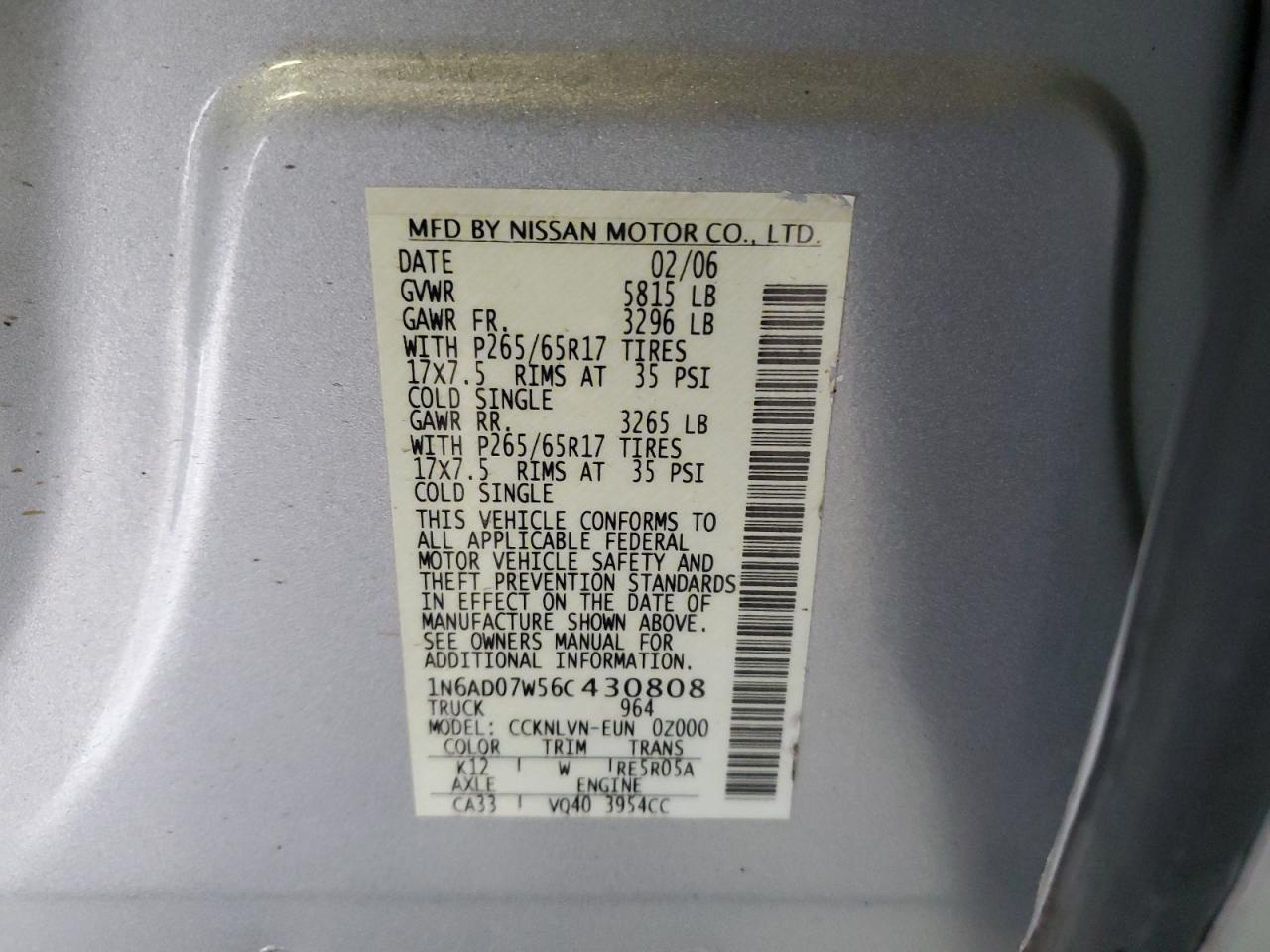 2006 Nissan Navara (Frontier) VIN 1N6AD07W56C430808 Copart auction photo, front end damage thumbnail 15