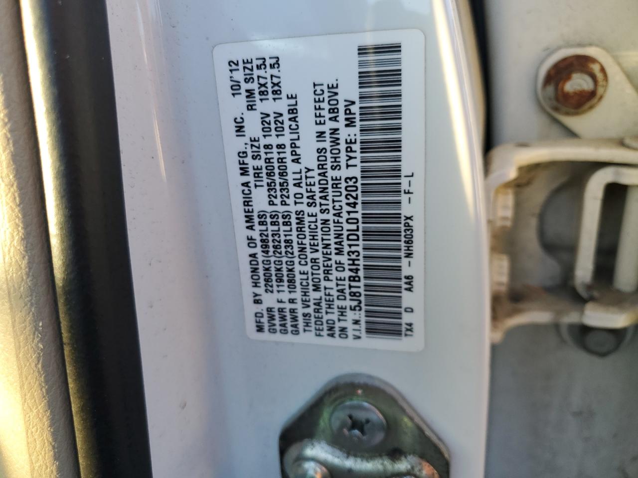 2013 Acura RDX VIN 5J8TB4H31DL014203 Copart auction photo, front end damage thumbnail 13