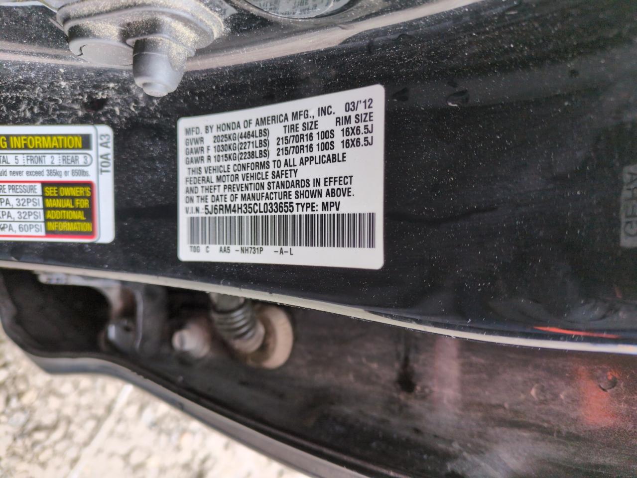 2012 Honda CR-V VIN 5J6RM4H35CL033655 Copart auction photo, front end damage thumbnail 12