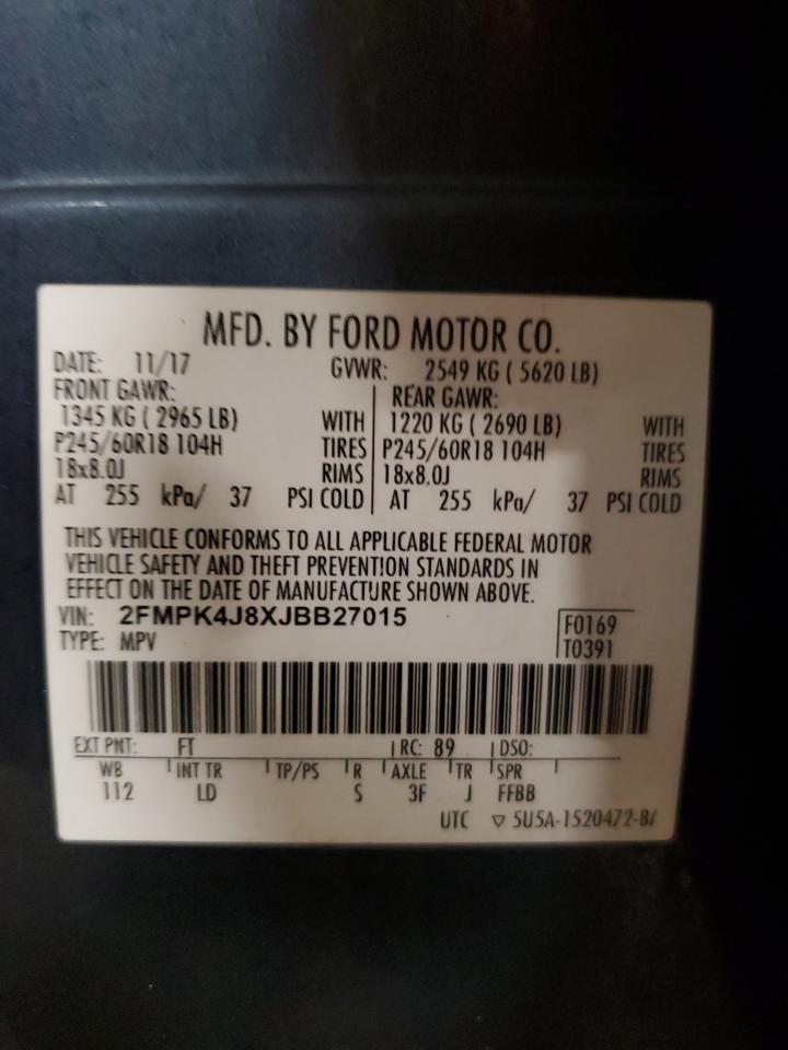 2018 Ford Edge VIN 2FMPK4J8XJBB27015 Copart auction photo, rear end / side damage thumbnail 14