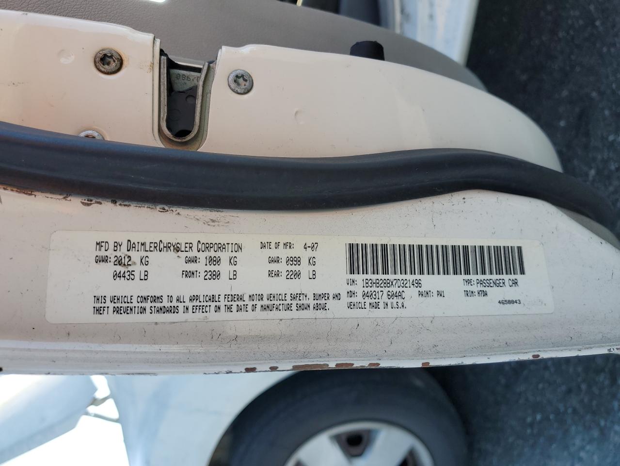 2007 Dodge Caliber VIN 1B3HB28BX7D321496 Copart auction photo, front end damage thumbnail 14