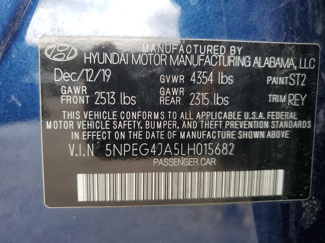 2020 Hyundai Sonata VIN 5NPEG4JA5LH015682 Copart auction photo, front end / minor dent/scratches damage thumbnail 12