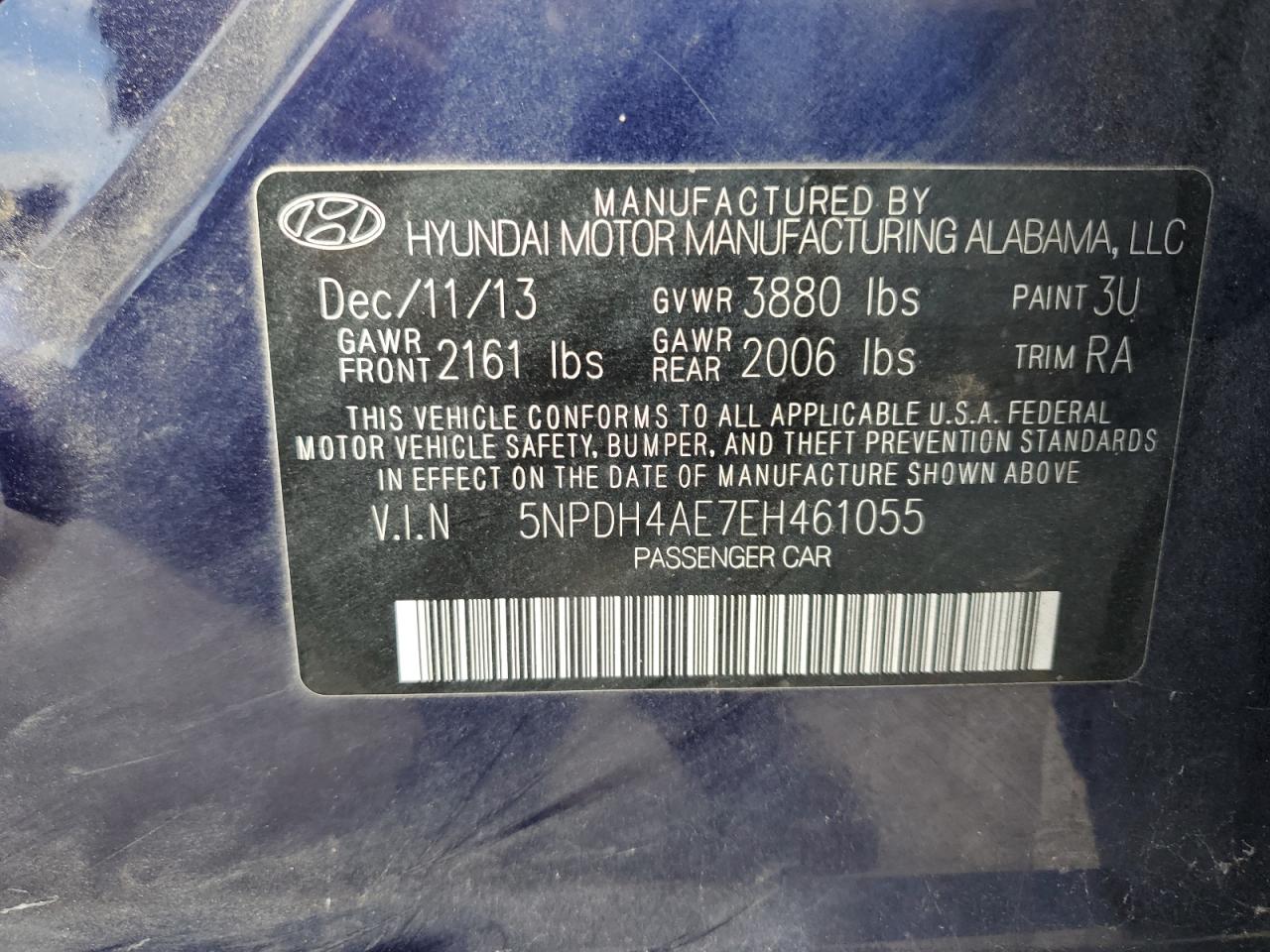 2014 Hyundai Elantra VIN 5NPDH4AE7EH461055 Copart auction photo, side damage thumbnail 12