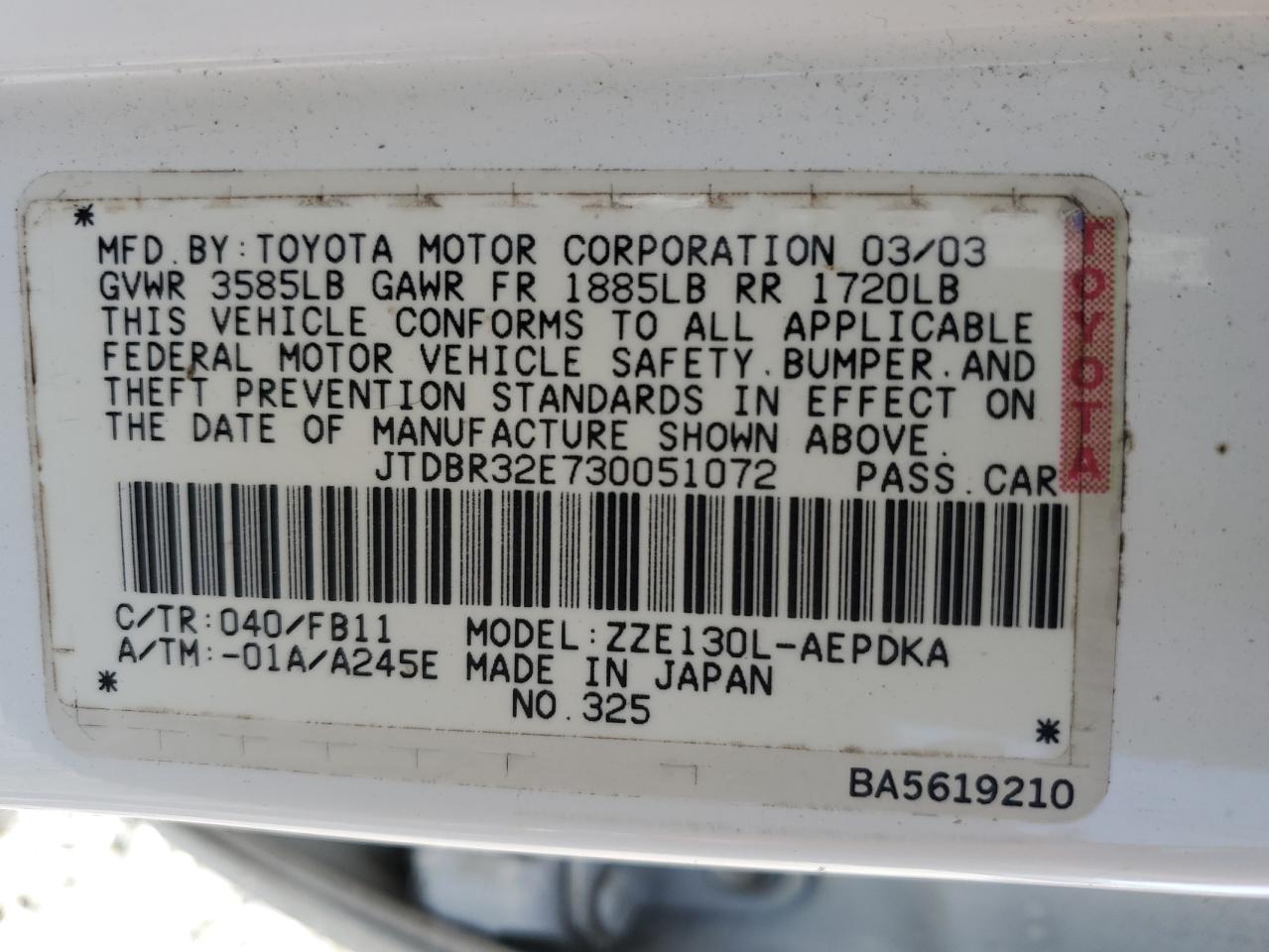 2003 Toyota Corolla VIN JTDBR32E730051072 Copart auction photo, water/flood damage thumbnail 13