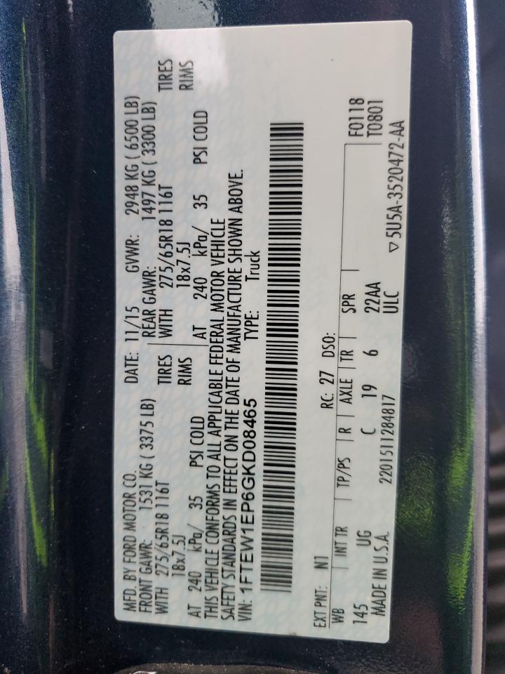 2016 Ford F-150 VIN 1FTEW1EP6GKD08465 Copart auction photo, rear end / front end damage thumbnail 12