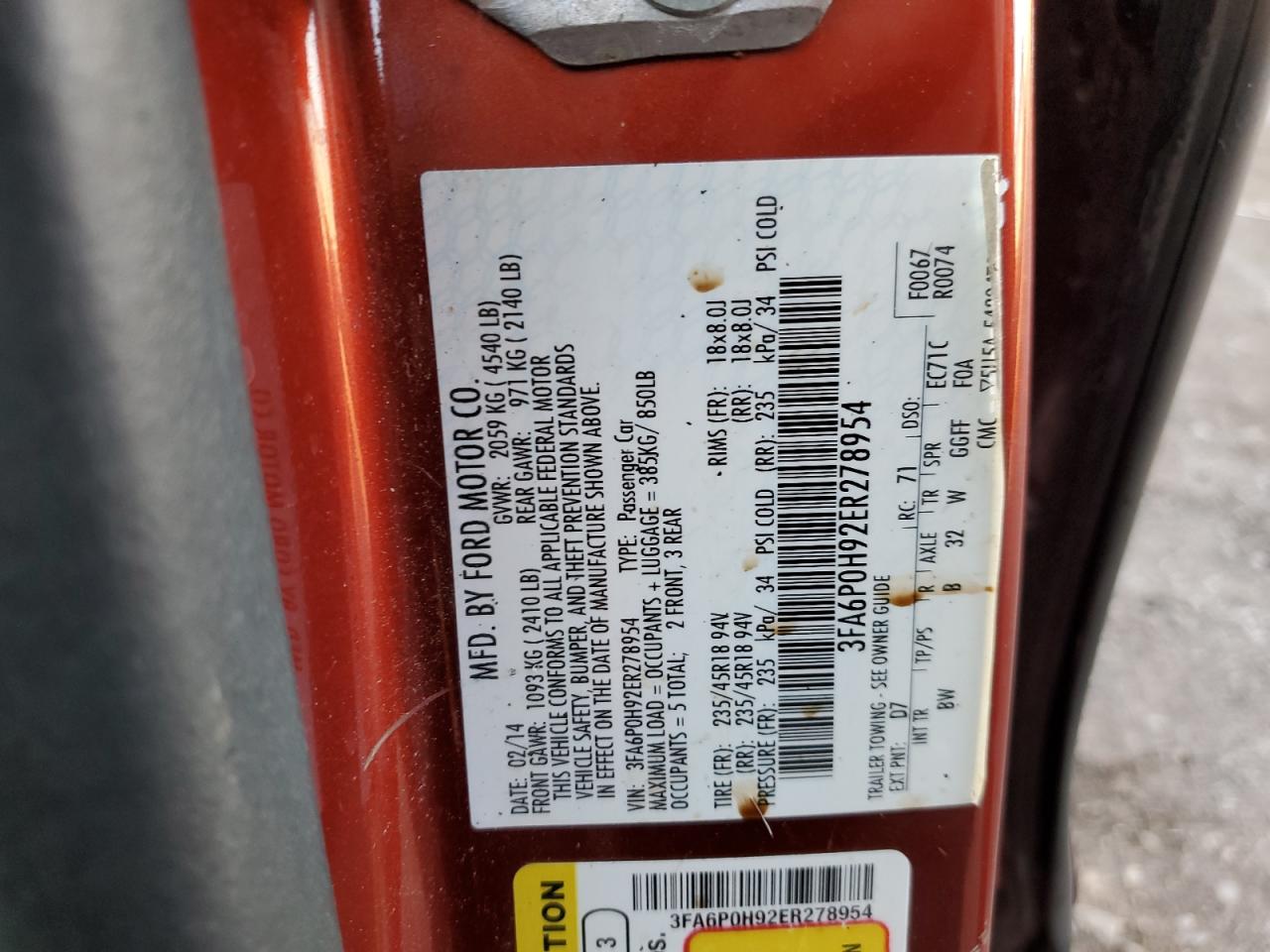 2014 Ford Fusion VIN 3FA6P0H92ER278954 Copart auction photo, front end damage thumbnail 12