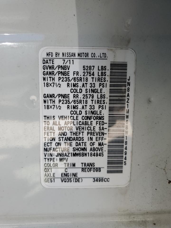 2011 Nissan Murano VIN JN8AZ1MW6BW184945 Copart auction photo, front end damage thumbnail 13