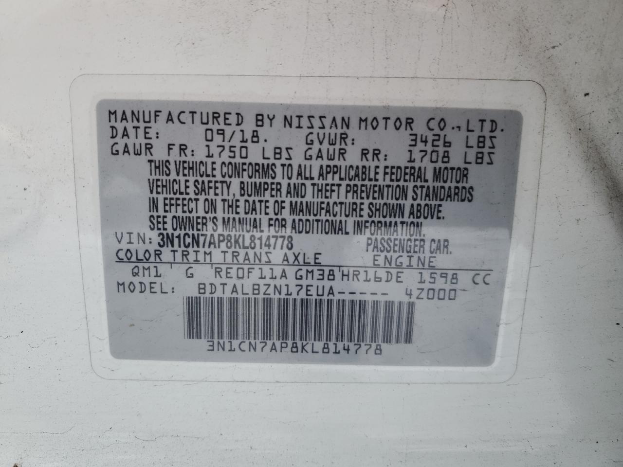 2019 Nissan Versa VIN 3N1CN7AP8KL814778 Copart auction photo, front end damage thumbnail 15