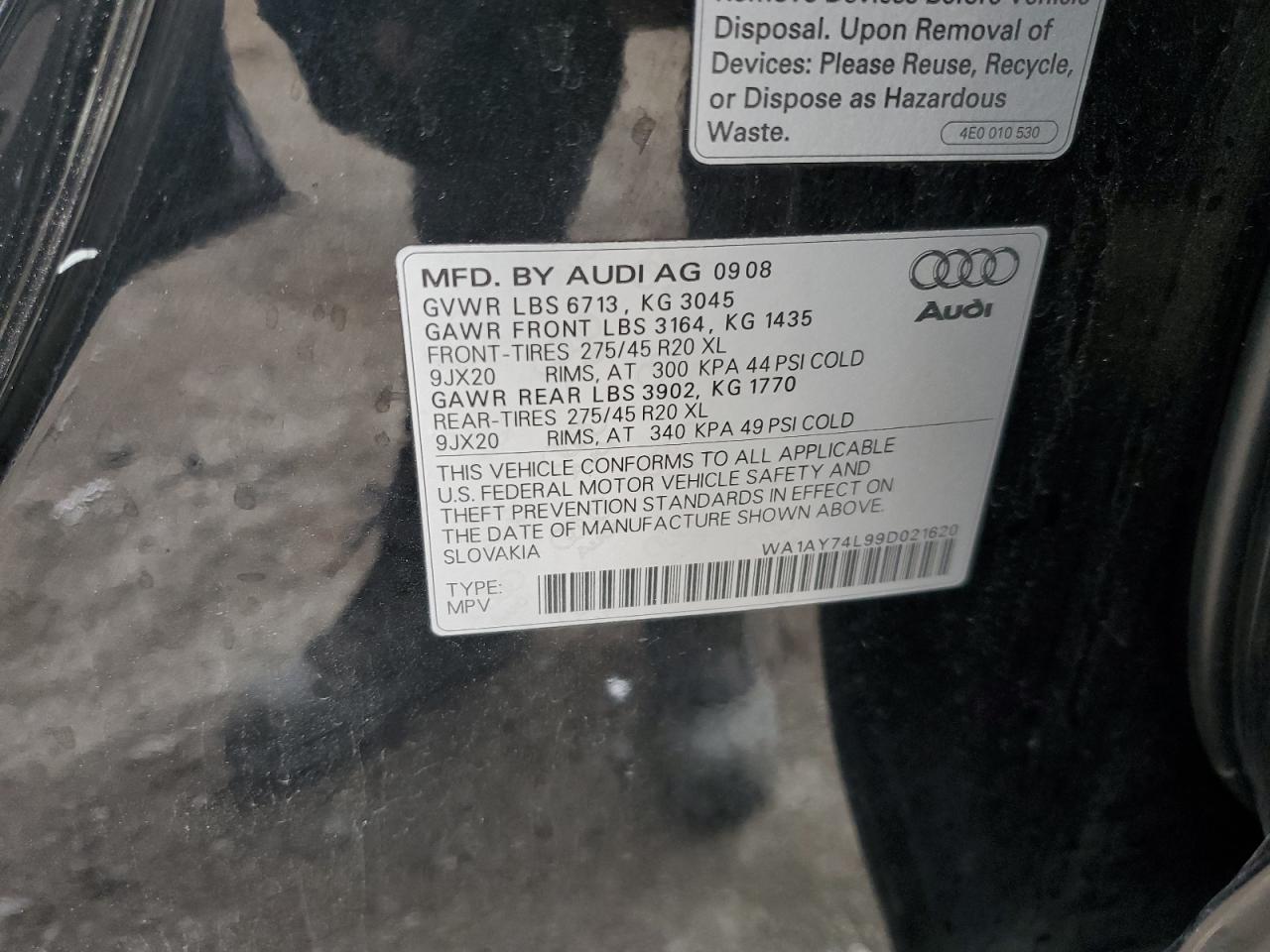 2009 Audi Q7 VIN WA1AY74L99D021620 Copart auction photo, front end / minor dent/scratches damage thumbnail 12