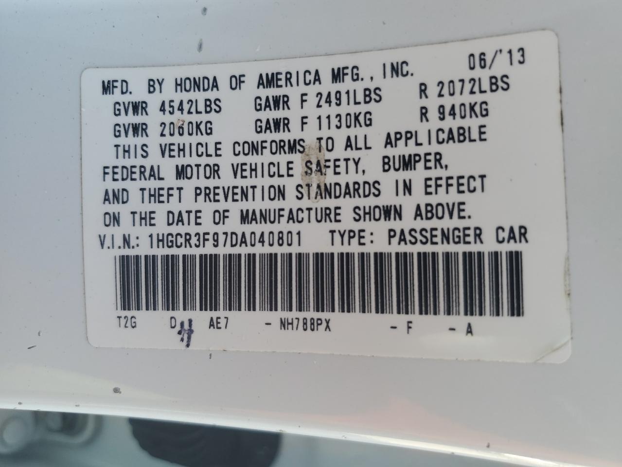 2013 Honda Accord VIN 1HGCR3F97DA040801 Copart auction photo, front end / side damage thumbnail 15