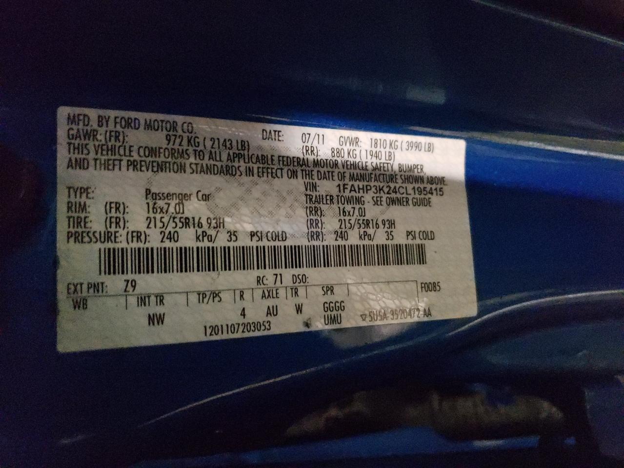 2012 Ford Focus VIN 1FAHP3K24CL195415 Copart auction photo, rear end damage thumbnail 12