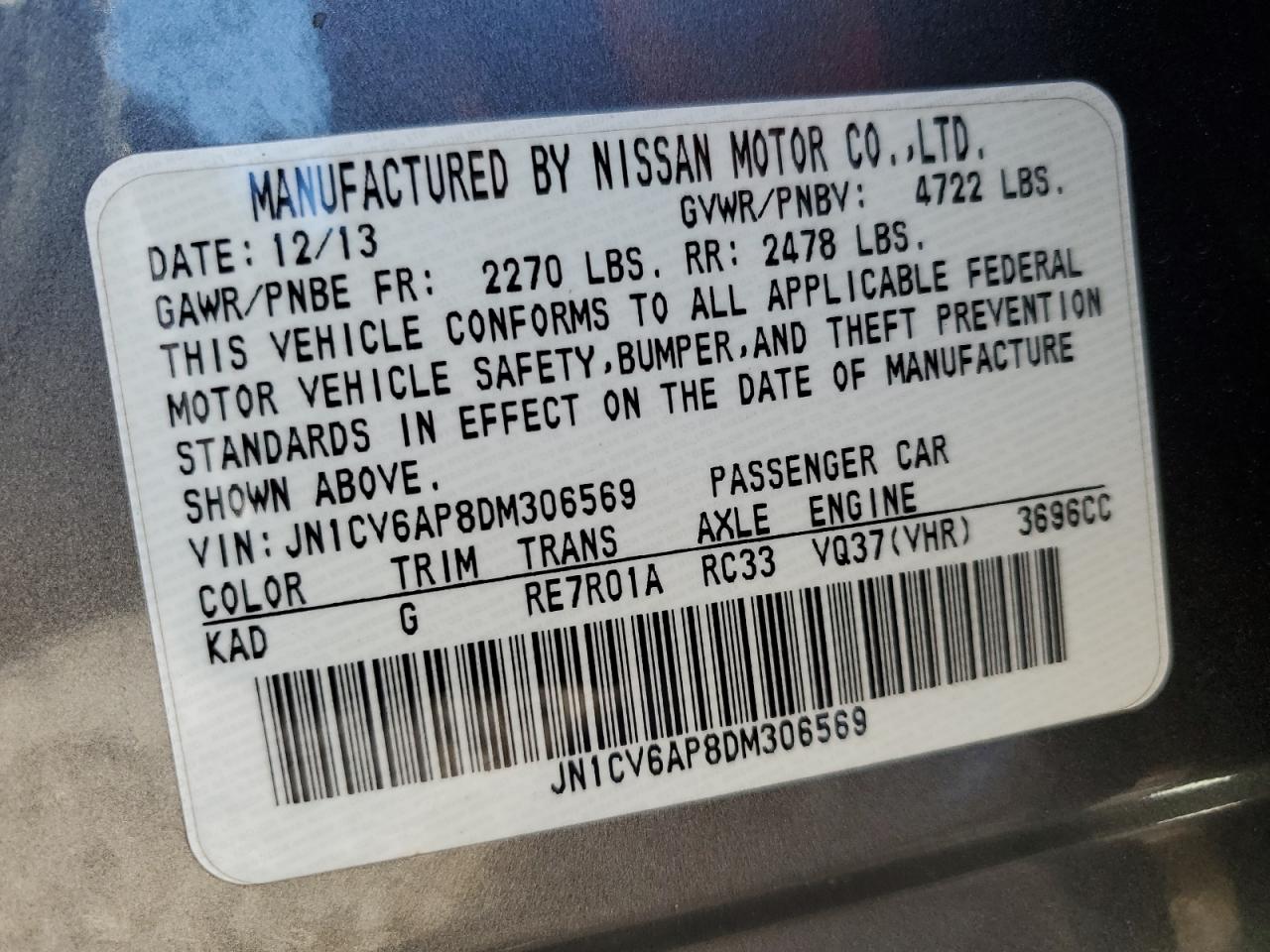 2013 Infiniti G VIN JN1CV6AP8DM306569 Copart auction photo, all over damage thumbnail 13