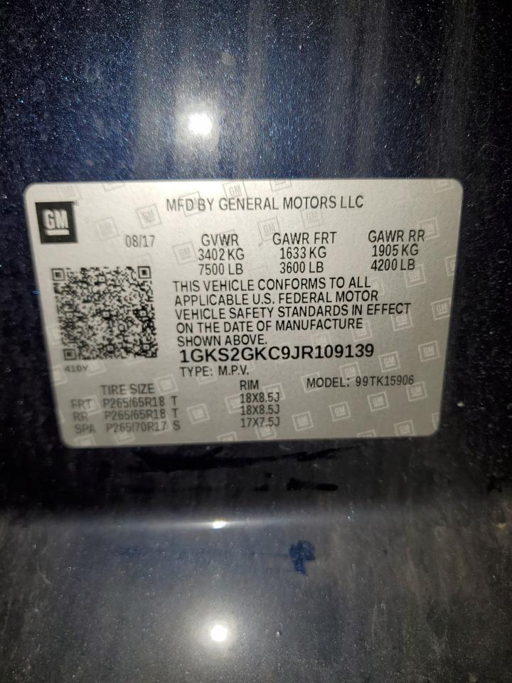 2018 GMC Yukon VIN 1GKS2GKC9JR109139 Copart auction photo, front end / top/roof damage thumbnail 15