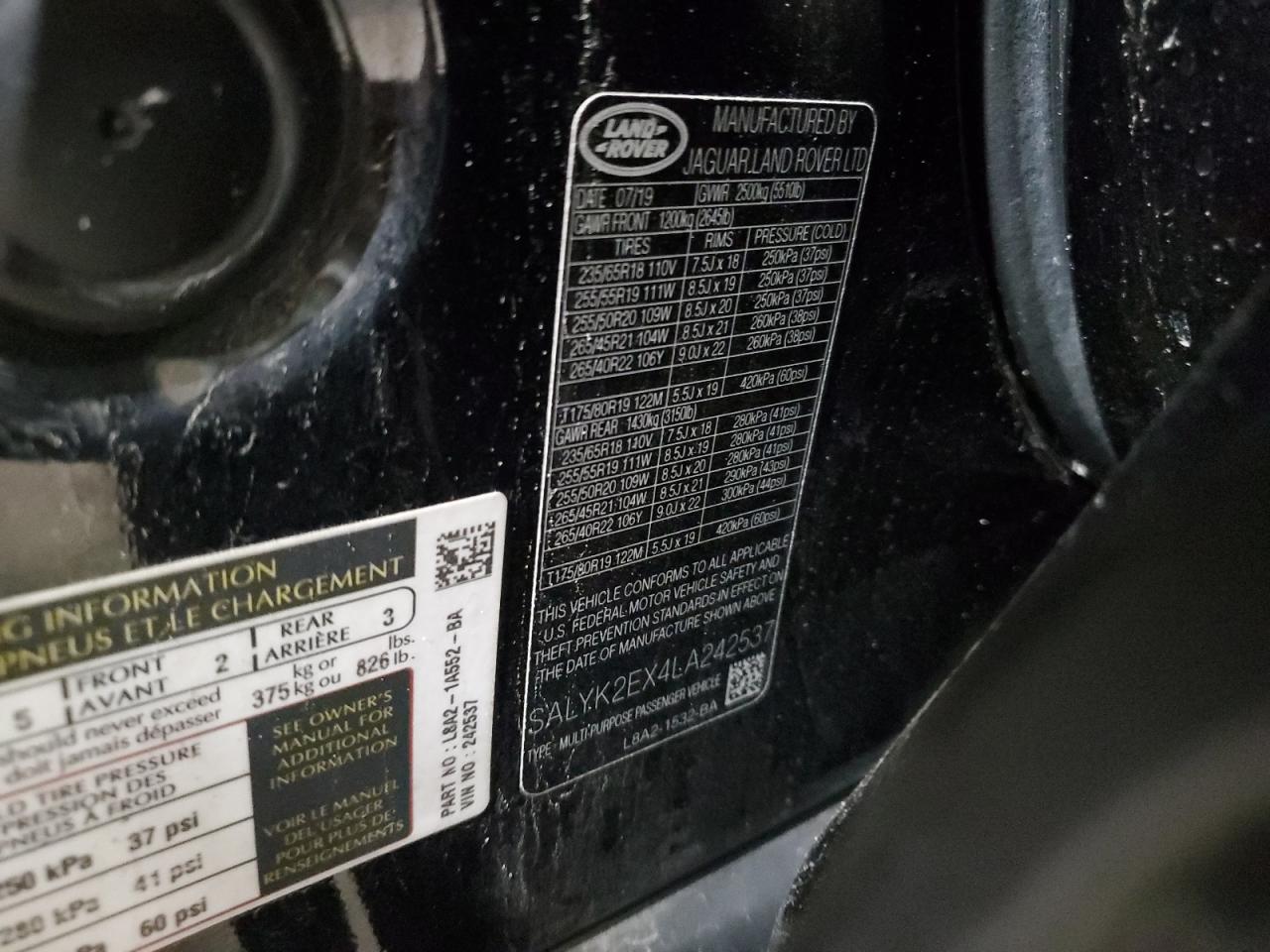 2020 Land Rover Range Rover VIN SALYK2EX4LA242537 Copart auction photo, rollover damage thumbnail 14