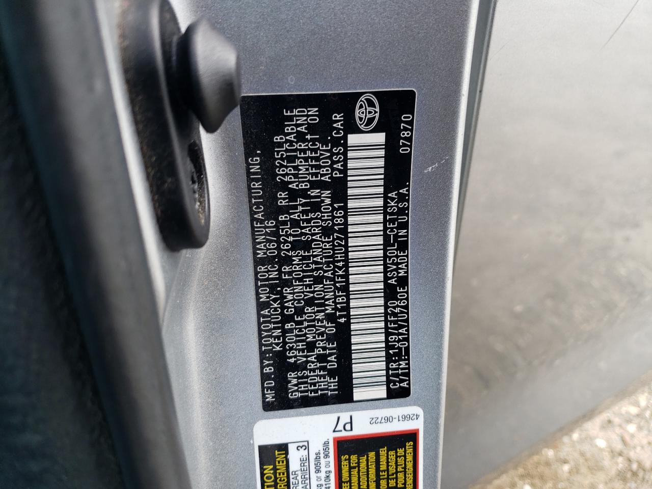 2017 Toyota Camry VIN 4T1BF1FK4HU271861 Copart auction photo, front end / minor dent/scratches damage thumbnail 14