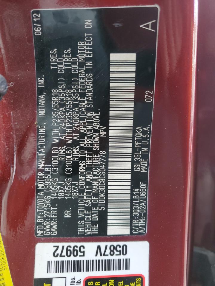 2012 Toyota Sienna VIN 5TDDK3DC8CS047778 Copart auction photo, rear end damage thumbnail 14