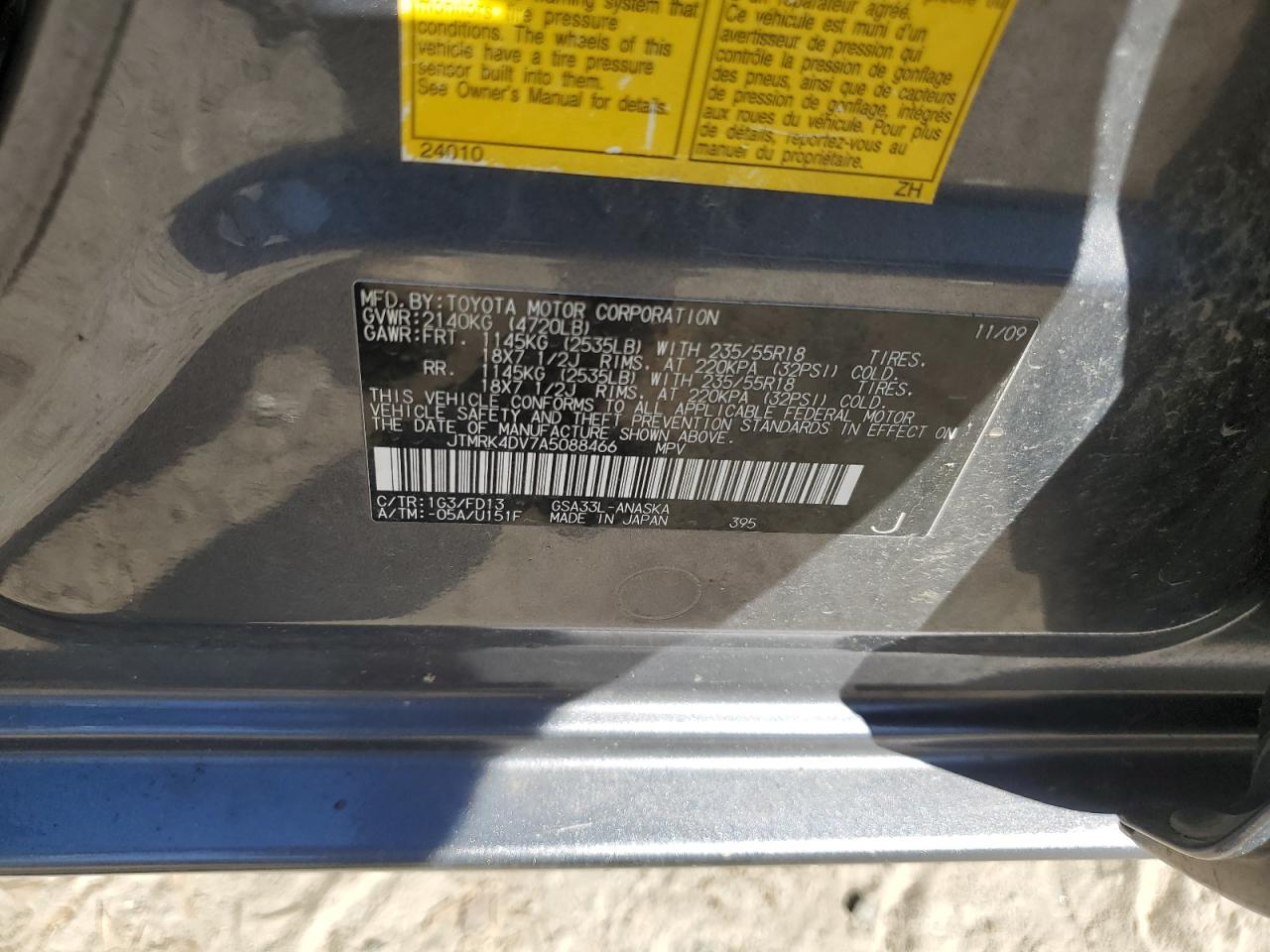 2010 Toyota RAV 4 VIN JTMRK4DV7A5088466 Copart auction photo, rear end / side damage thumbnail 13