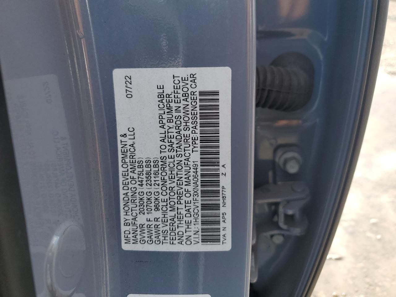2022 Honda Accord VIN 1HGCV1F3XNA064491 Copart auction photo, rear end / minor dent/scratches damage thumbnail 13