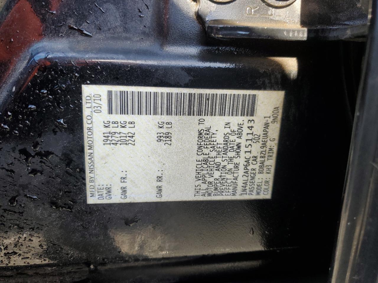 2010 Nissan Altima VIN 1N4AL2AP6AC151143 Copart auction photo, front end damage thumbnail 12