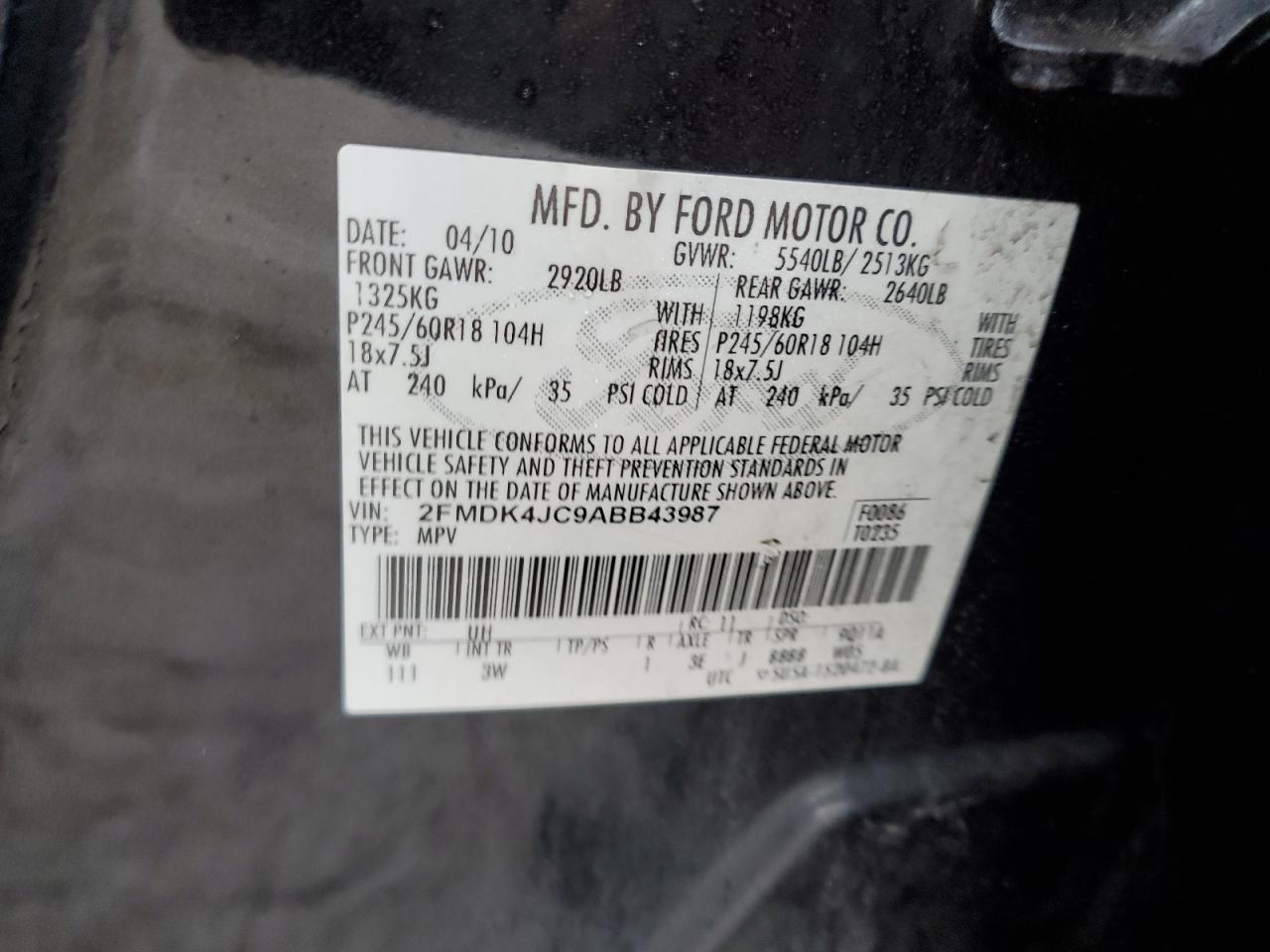 2010 Ford Edge VIN 2FMDK4JC9ABB43987 Copart auction photo, normal wear / minor dent/scratches damage thumbnail 13