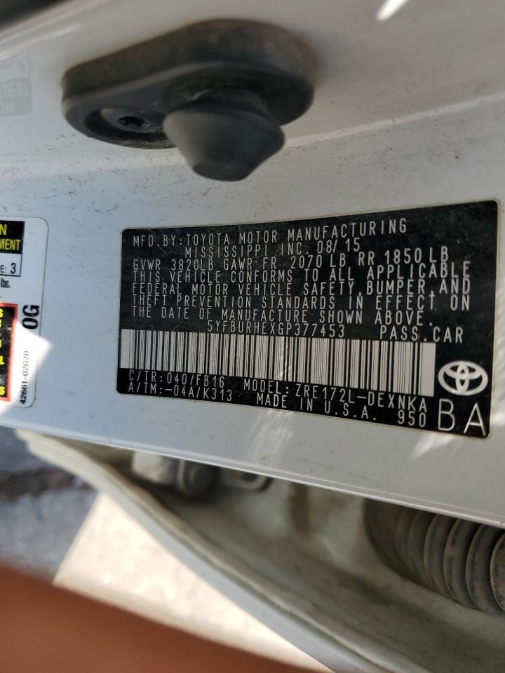 2016 Toyota Corolla VIN 5YFBURHEXGP377453 Copart auction photo, biohazard/chemical / rear end damage thumbnail 14