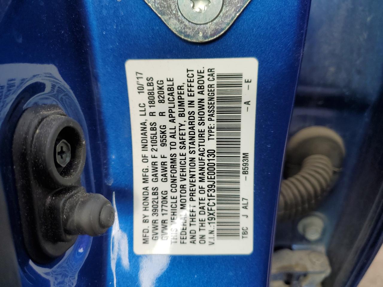 2018 Honda Civic VIN 19XFC1F39JE000130 Copart auction photo, front end / side damage thumbnail 13