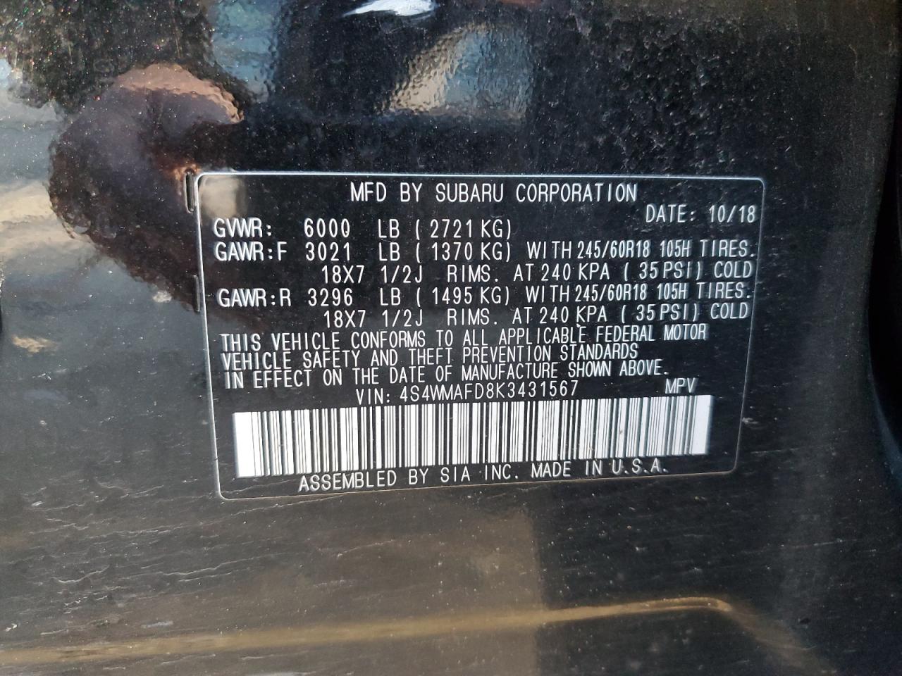 2019 Subaru Ascent VIN 4S4WMAFD8K3431567 Copart auction photo, front end / side damage thumbnail 13