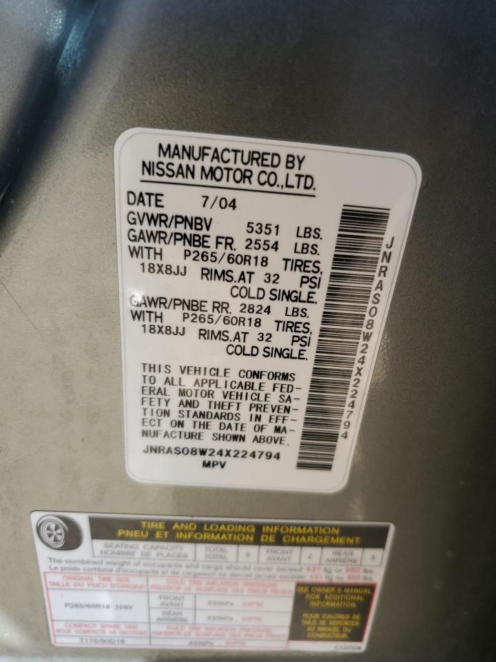 2004 Infiniti FX VIN JNRAS08W24X224794 Copart auction photo, front end damage thumbnail 13
