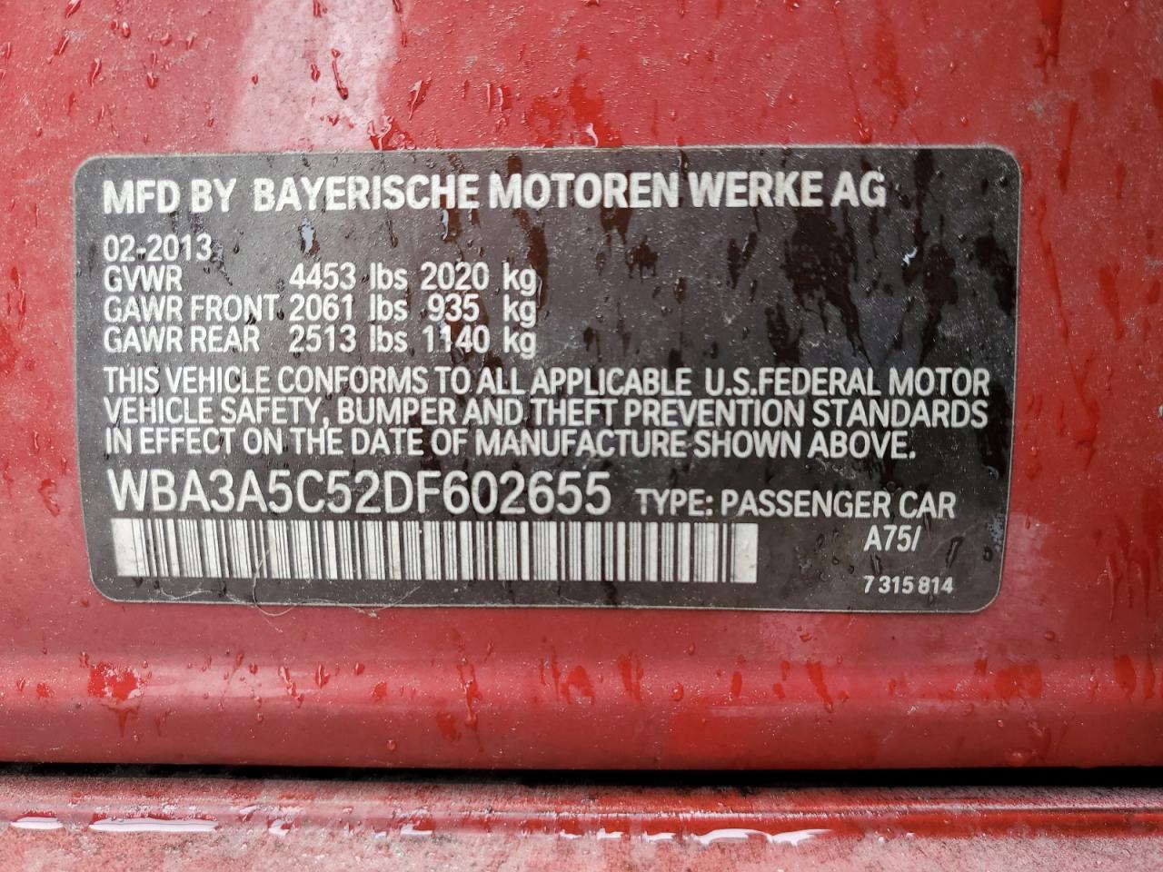 2013 BMW 3er VIN WBA3A5C52DF602655 Copart auction photo, rear end / all over damage thumbnail 15