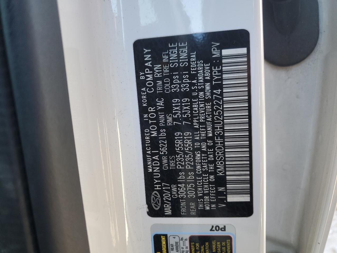2017 Hyundai Santa Fe VIN KM8SRDHF3HU252274 Copart auction photo, front end / rear end damage thumbnail 15