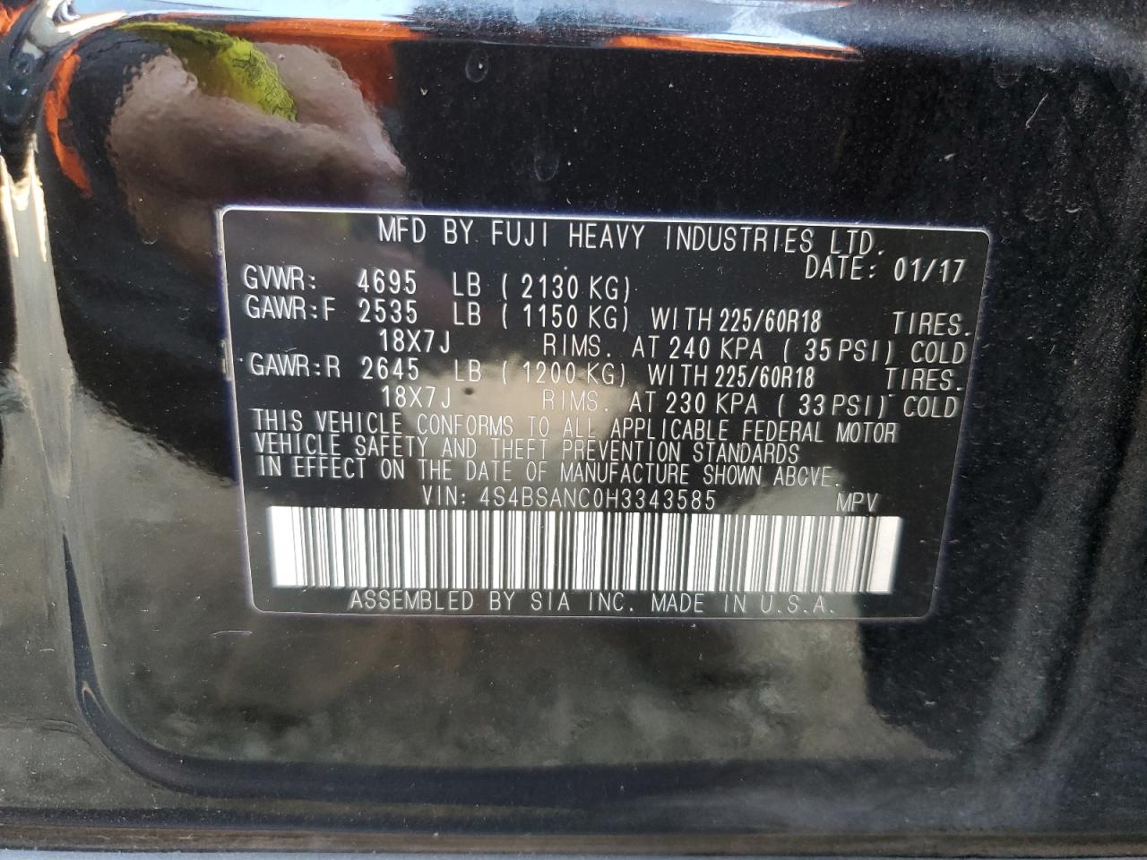 2017 Subaru Outback VIN 4S4BSANC0H3343585 Copart auction photo, side / front end damage thumbnail 12