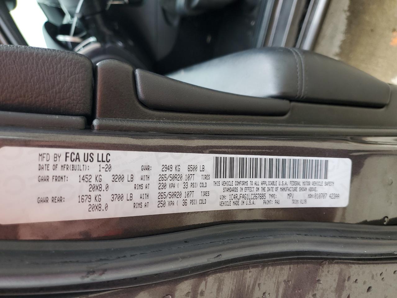 2020 Jeep Grand Cherokee VIN 1C4RJFAG1LC267685 Copart auction photo, rear end / side damage thumbnail 13