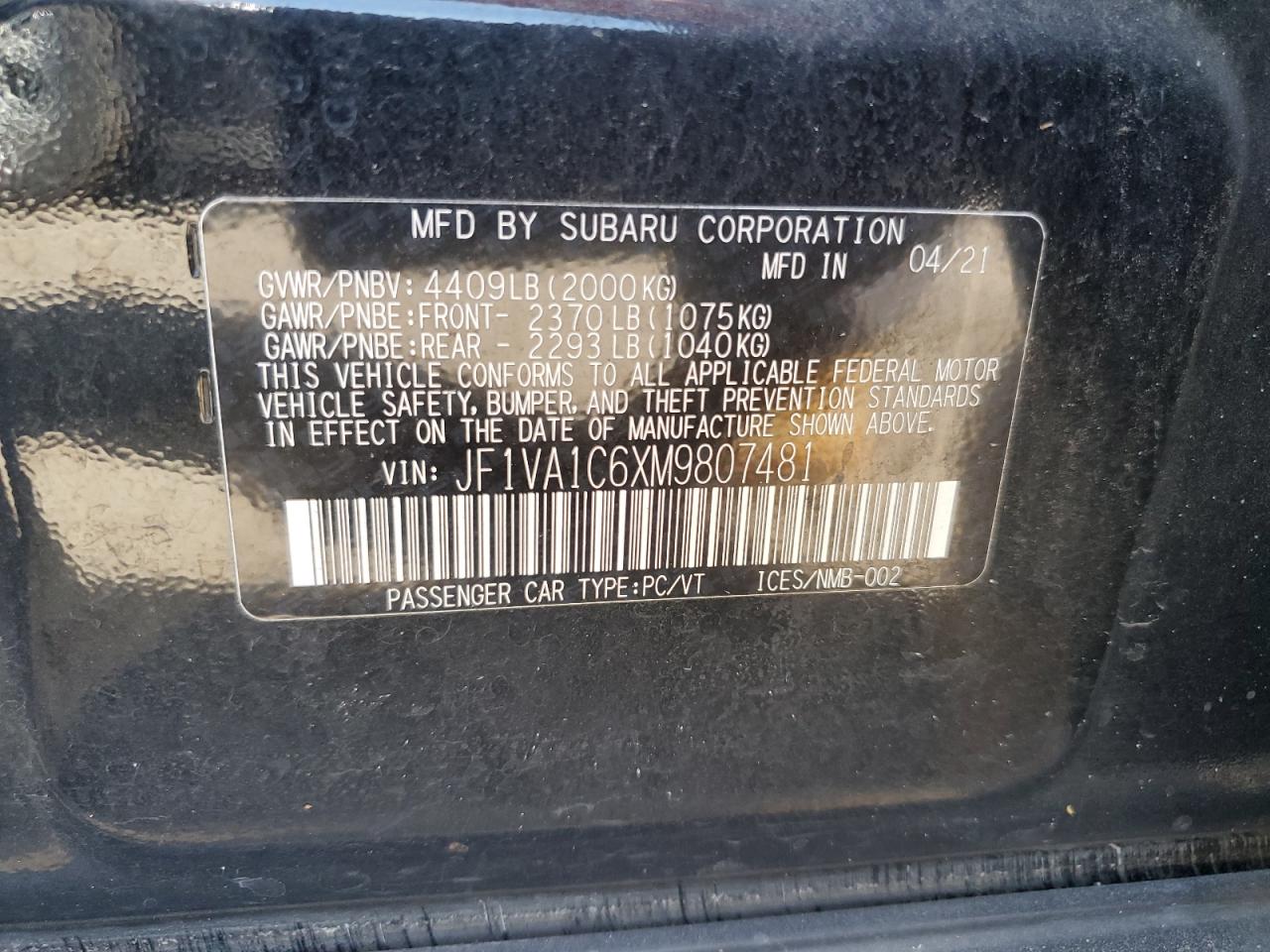 2021 Subaru WRX VIN JF1VA1C6XM9807481 Copart auction photo, water/flood damage thumbnail 13