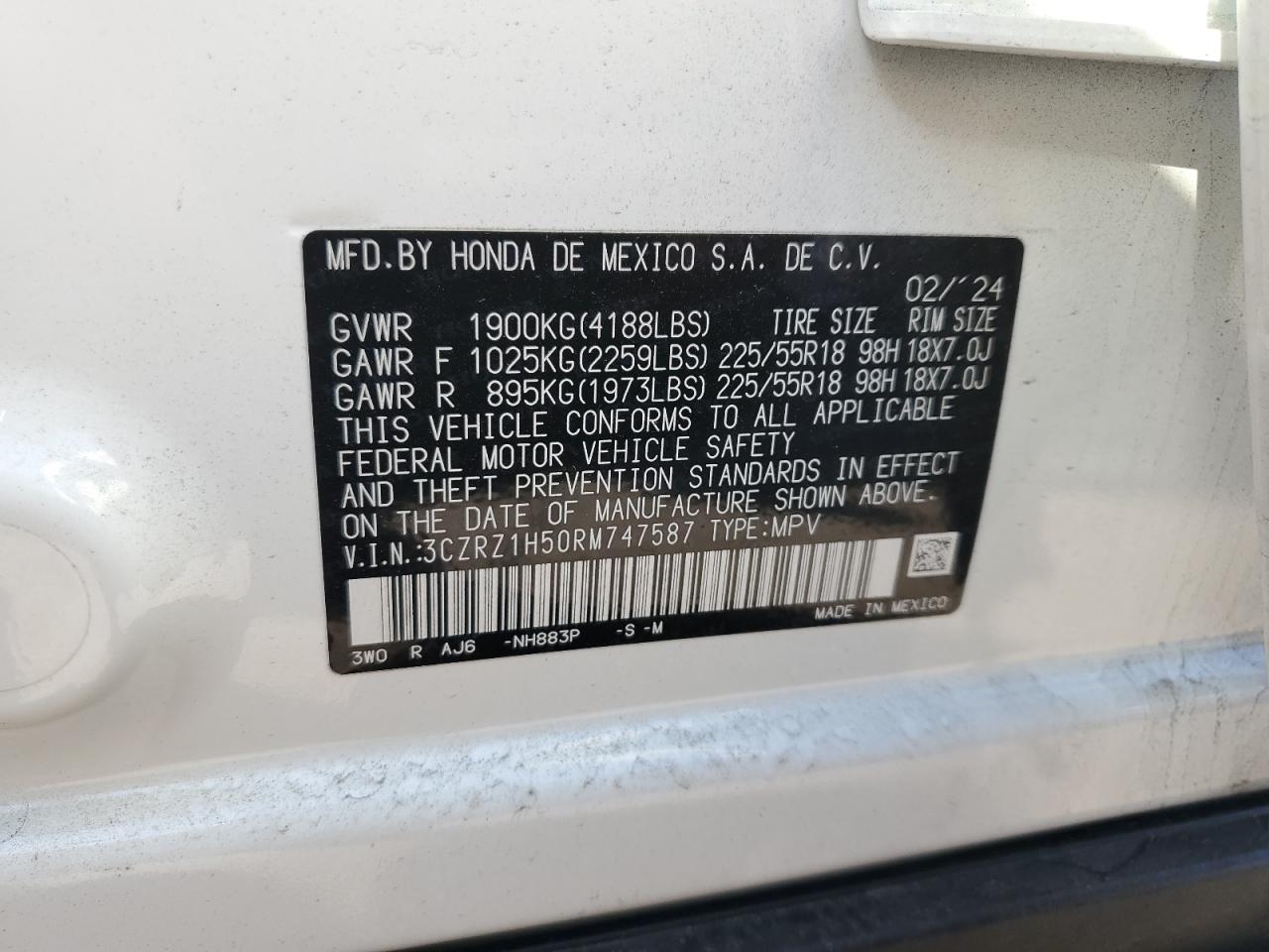 2024 Honda HR-V VIN 3CZRZ1H50RM747587 Copart auction photo, front end damage thumbnail 14