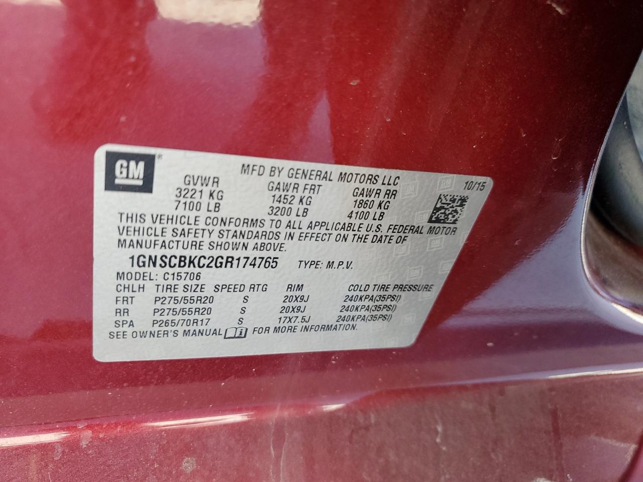 2016 Chevrolet Tahoe VIN 1GNSCBKC2GR174765 Copart auction photo, side damage thumbnail 15