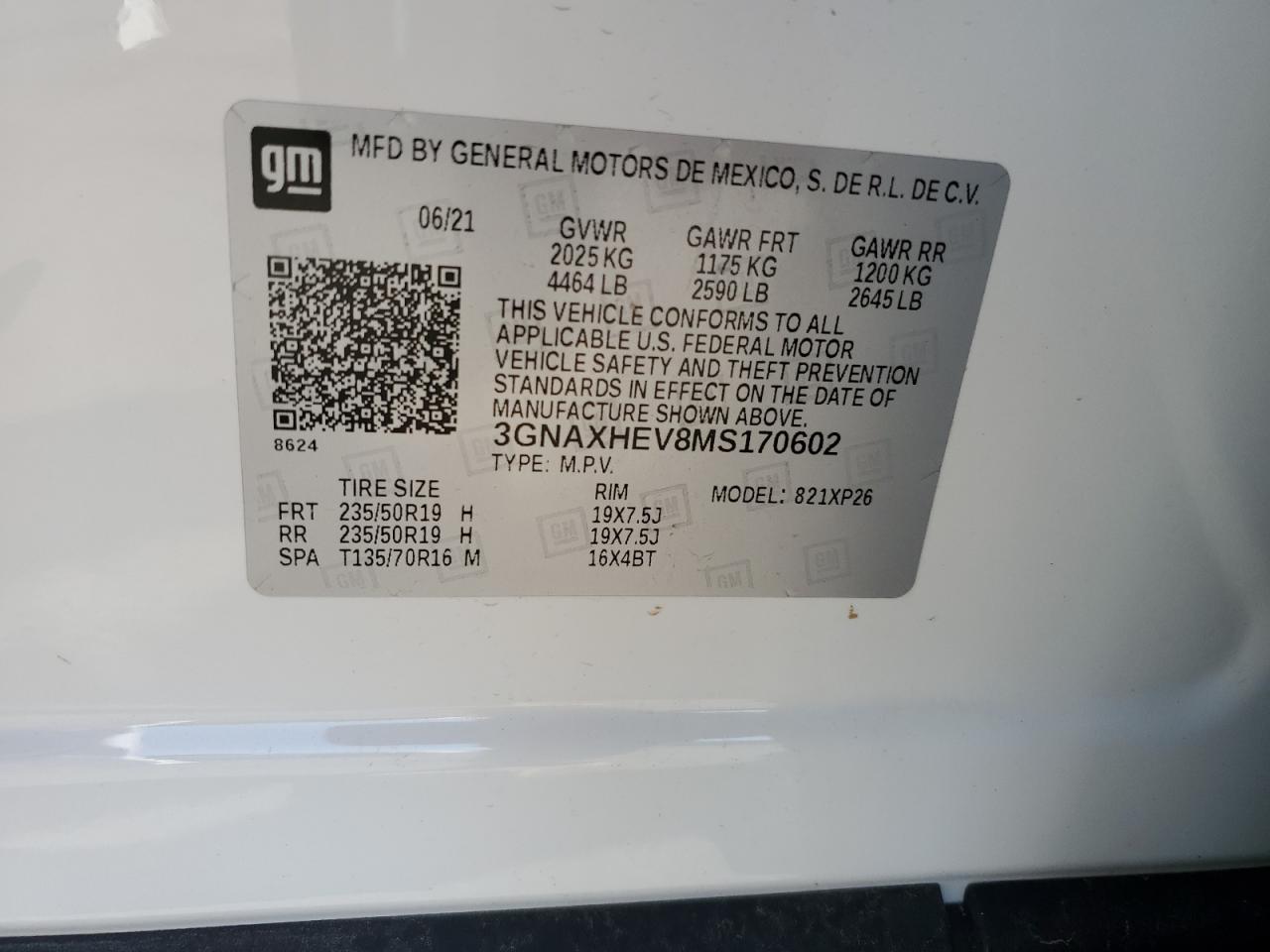 2021 Chevrolet Equinox VIN 3GNAXHEV8MS170602 Copart auction photo, front end damage thumbnail 15