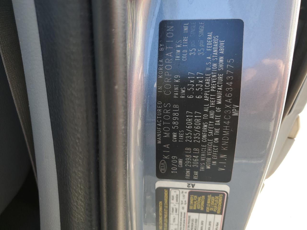 2010 KIA Sedona VIN KNDMH4C3XA6343775 Copart auction photo, rear end damage thumbnail 13