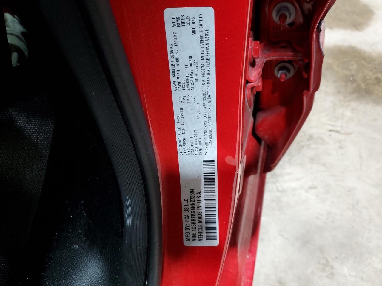 2022 RAM 1500 VIN 1C6RREBG6NN273594 Copart auction photo, all over damage thumbnail 12