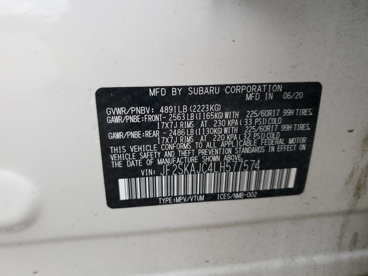 2020 Subaru Forester VIN JF2SKAJC4LH577574 Copart auction photo, front end / frame damage damage thumbnail 13