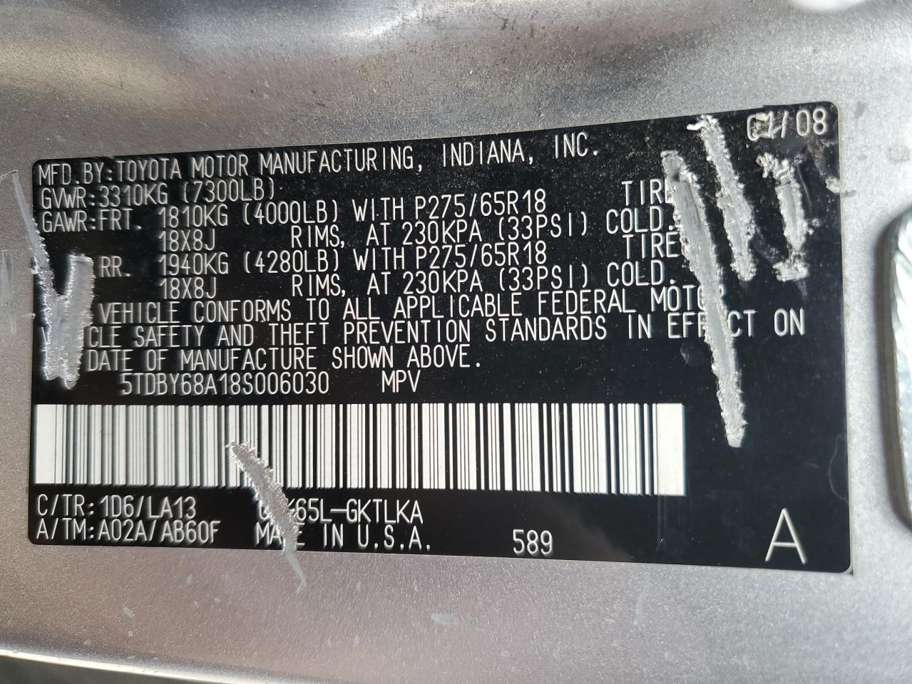 2008 Toyota Sequoia VIN 5TDBY68A18S006030 Copart auction photo, mechanical damage thumbnail 13