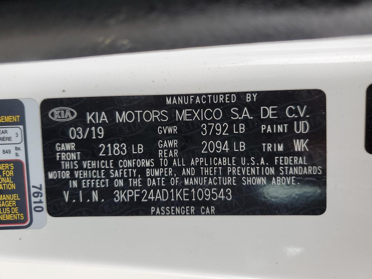 2019 KIA Forte VIN 3KPF24AD1KE109543 Copart auction photo, front end damage thumbnail 14